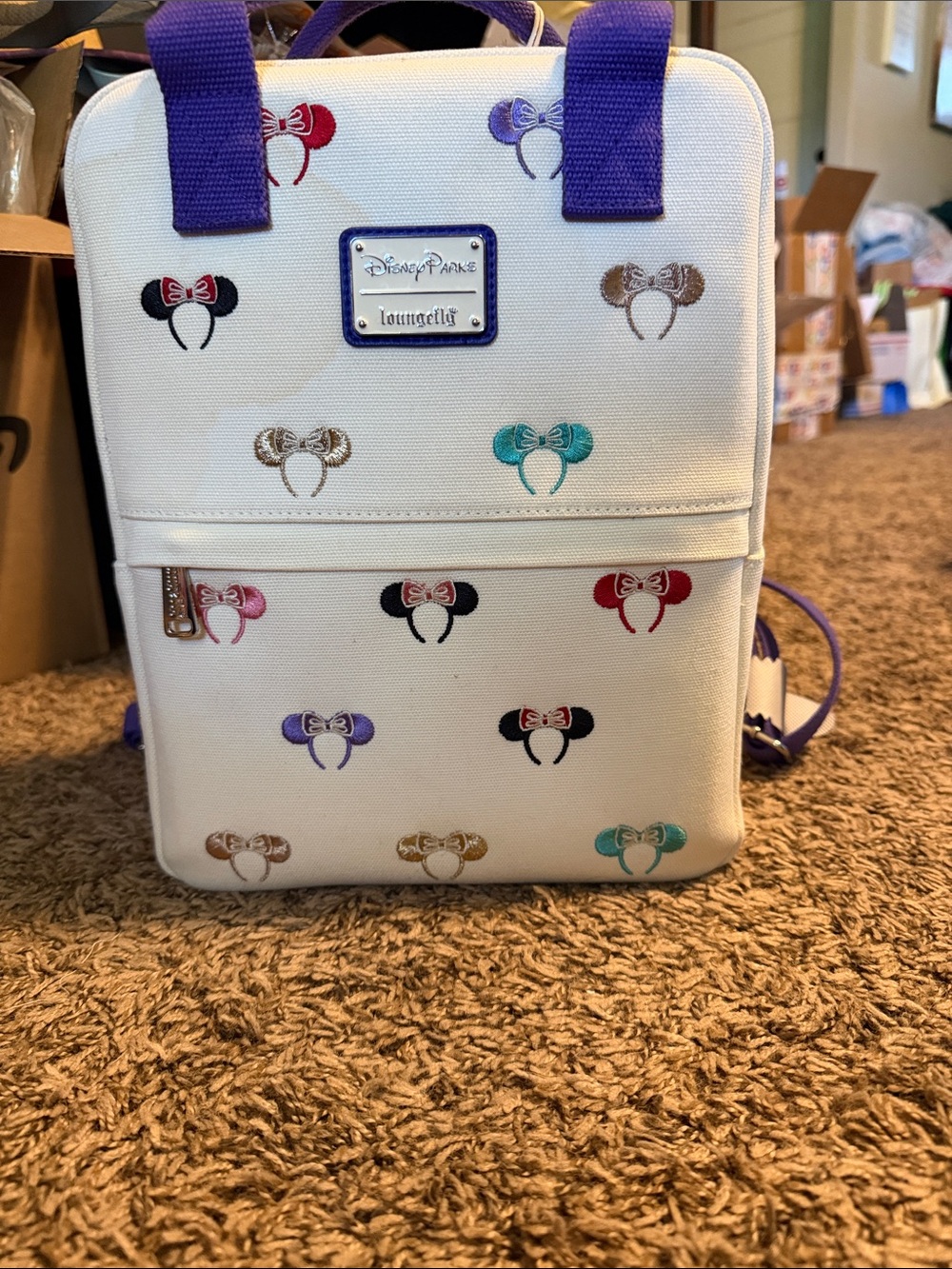 Disney Parks Loungefly Kids Cream Mini Backpack with Multicolor Minnie Ears